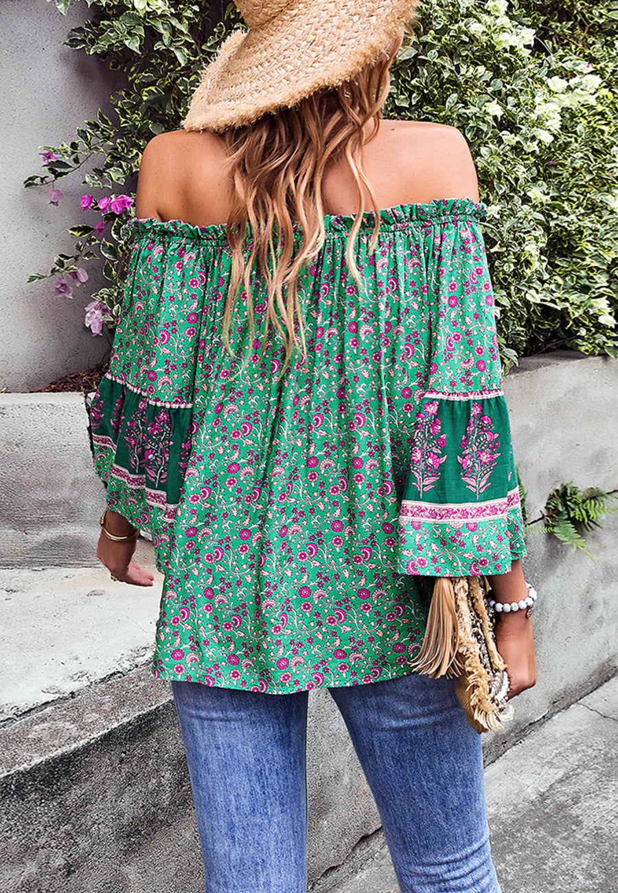 Off-Shoulder Tassel Tie Blouse