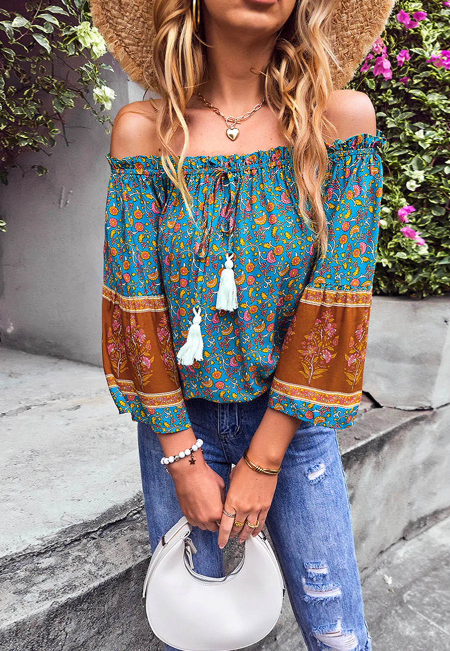 Off-Shoulder Tassel Tie Blouse