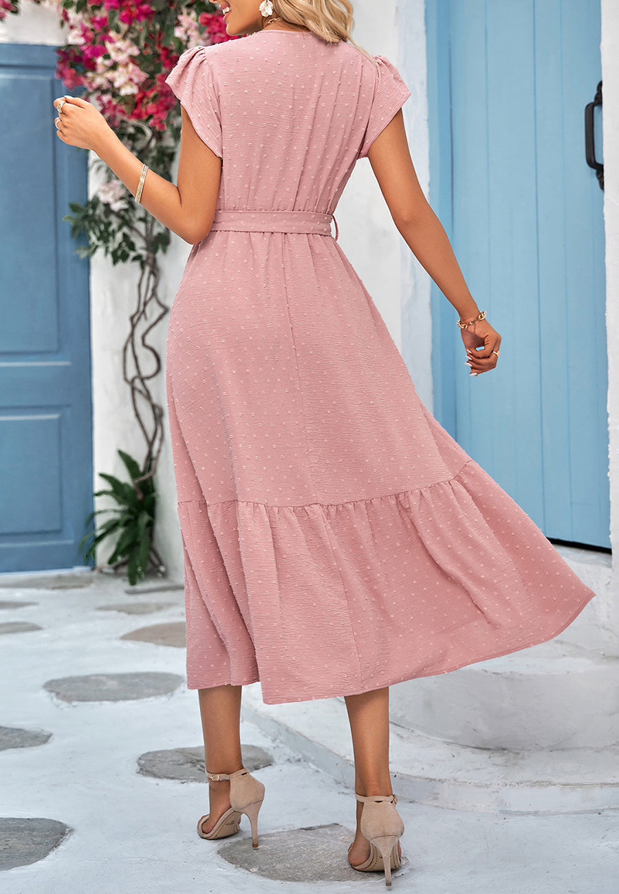 Surplice Neck Flutter Sleeve Solid Dress