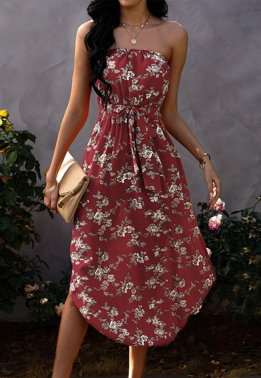 Strapless Floral Rounded Hem Dress