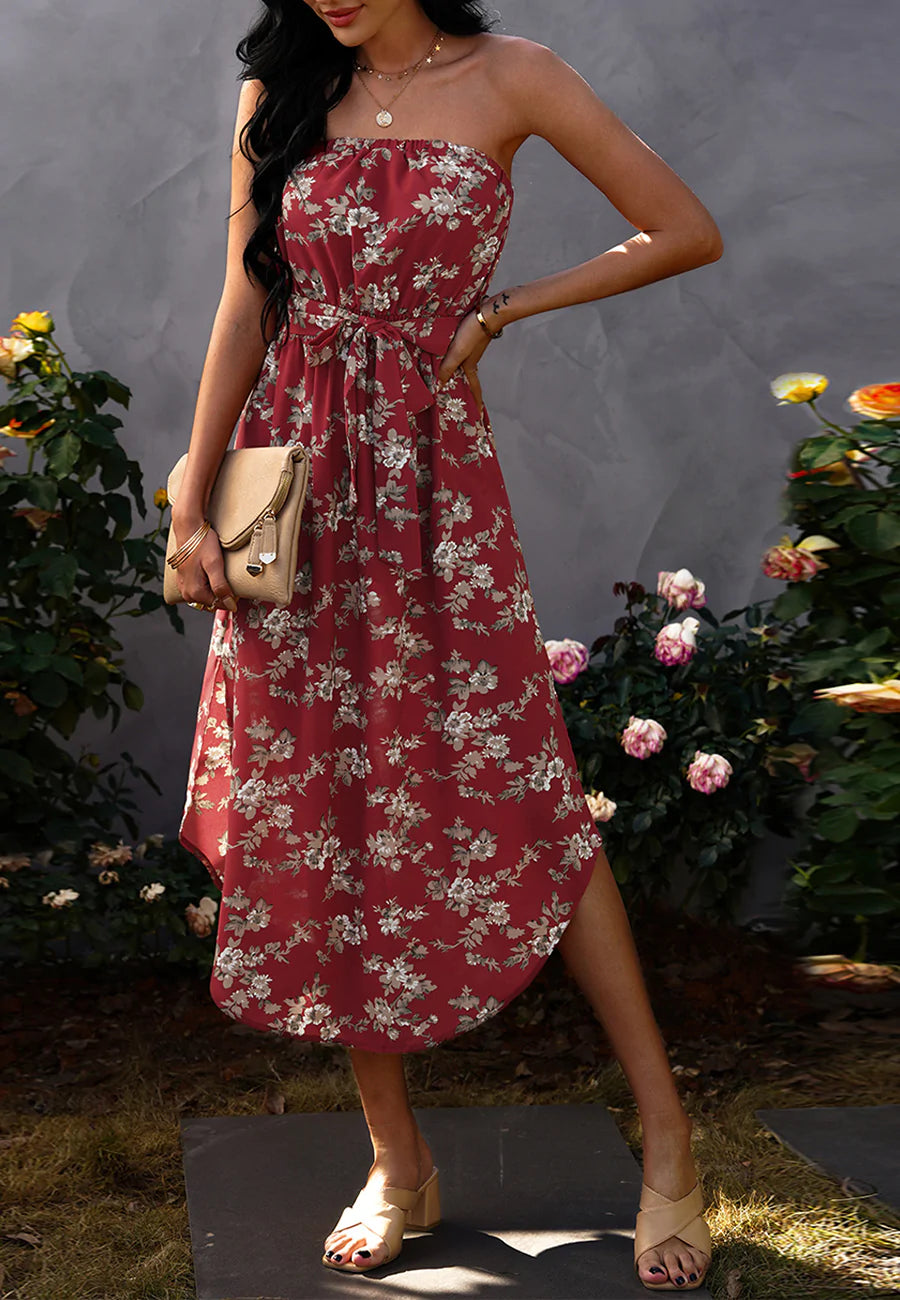 Strapless Floral Rounded Hem Dress