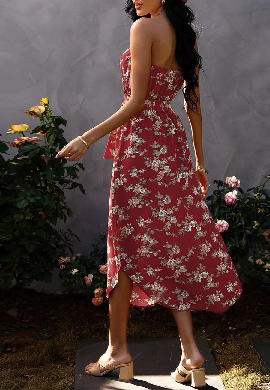Strapless Floral Rounded Hem Dress