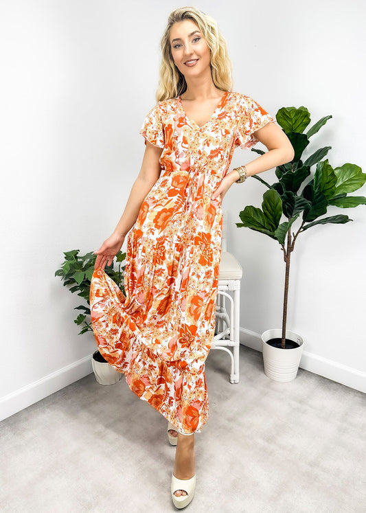 V Neck Tropical Print Maxi Dress