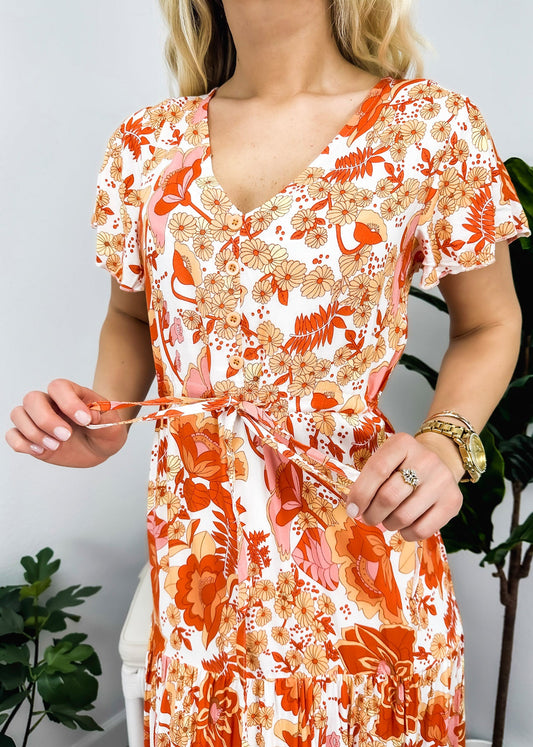 V Neck Tropical Print Maxi Dress