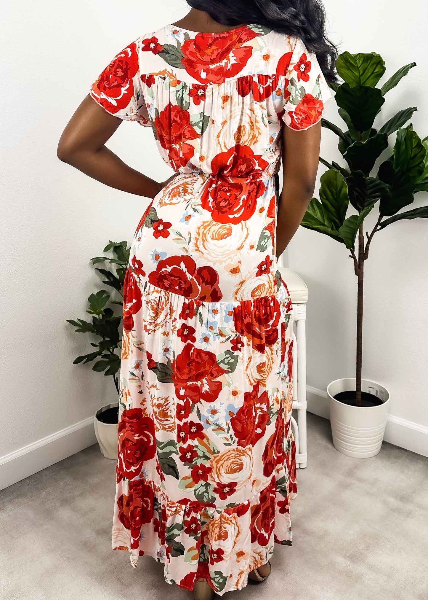 V Neck Tropical Print Maxi Dress