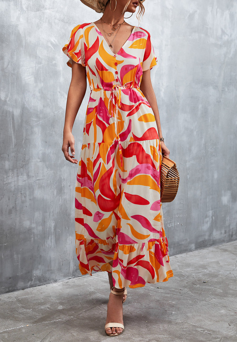 V Neck Tropical Print Maxi Dress