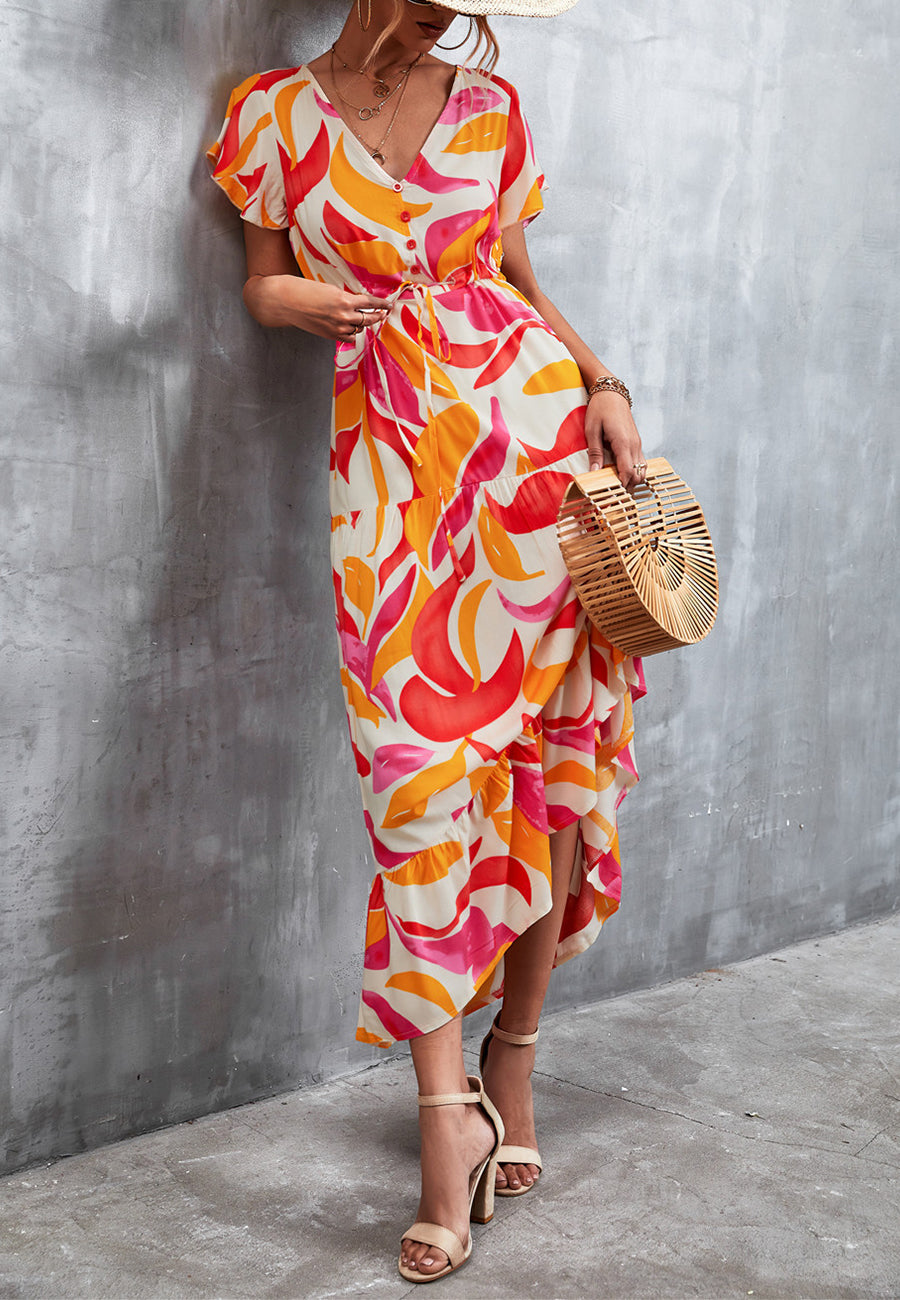 V Neck Tropical Print Maxi Dress