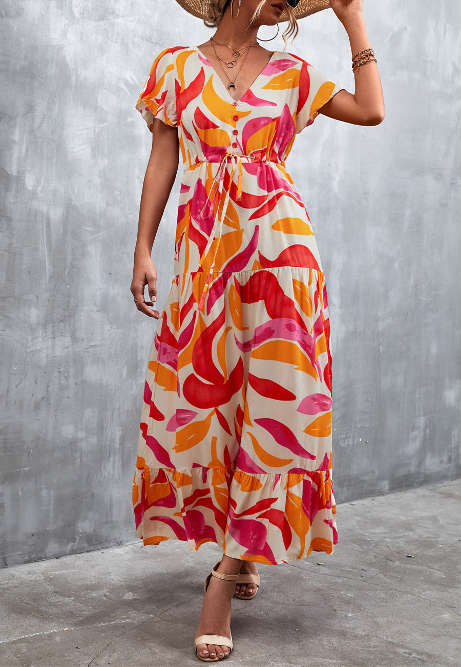 V Neck Tropical Print Maxi Dress