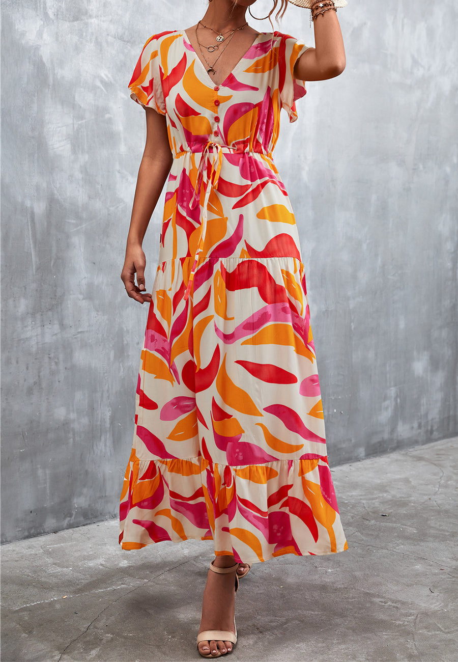 V Neck Tropical Print Maxi Dress