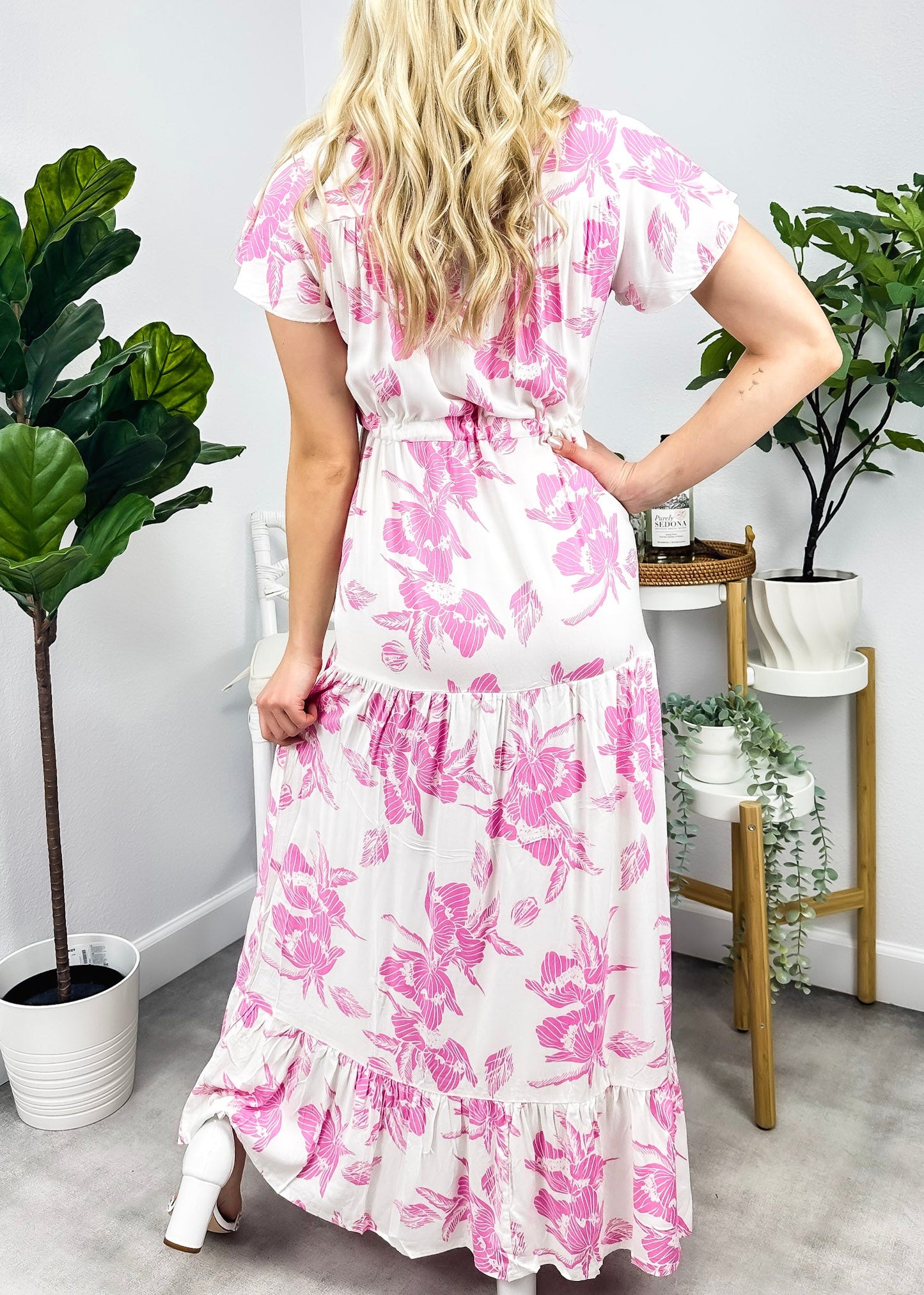 V Neck Tropical Print Maxi Dress