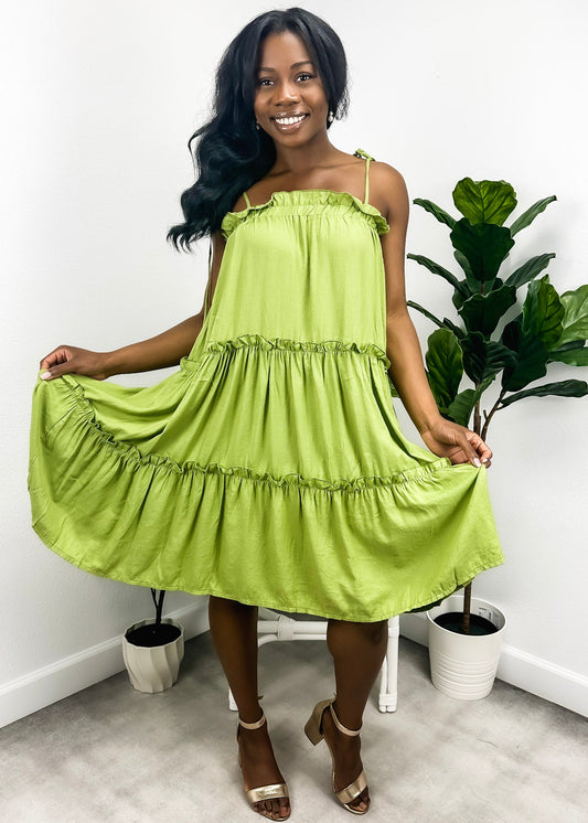 Tie Shoulder Ruffle Tiered Dress