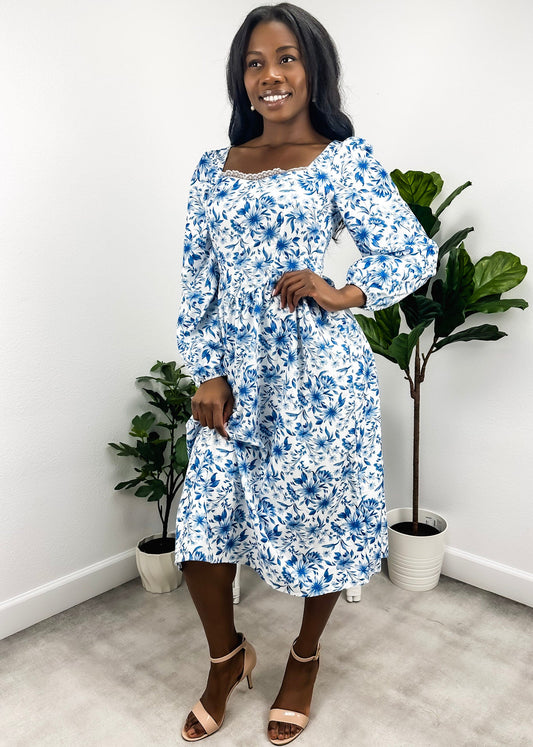 Sweetheart Lace Trim Floral Dress