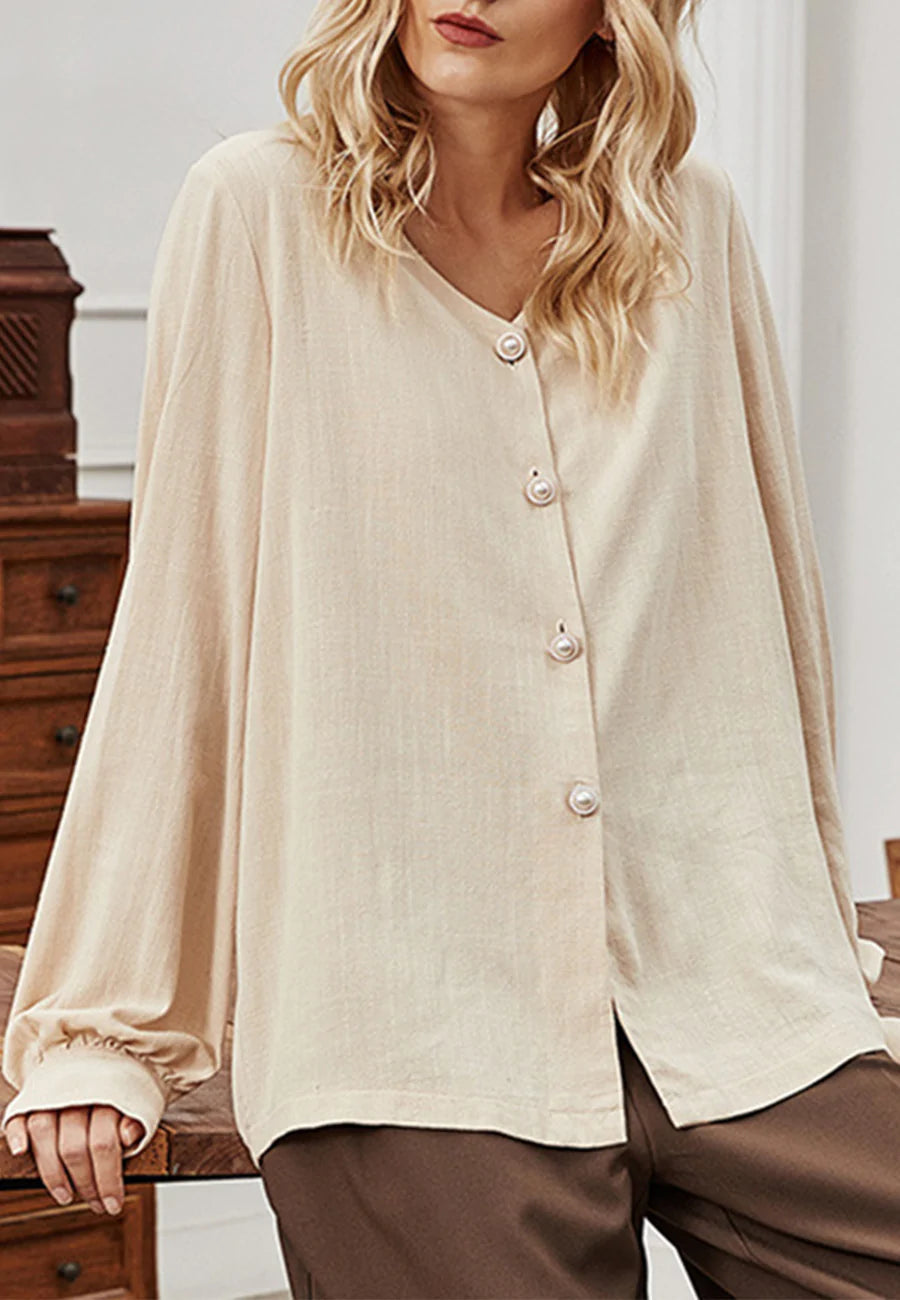 V Neck Pearl Button Blouse