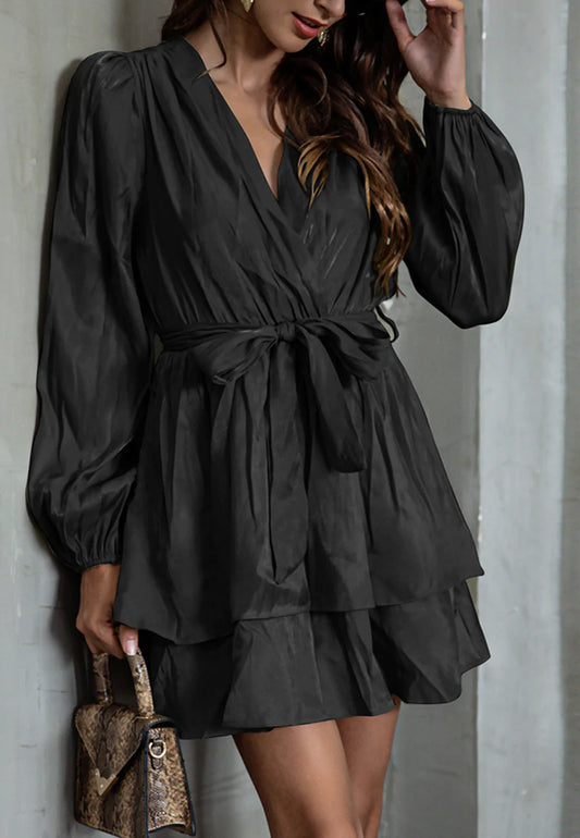 Solid Surplice Neck Tiered Dress