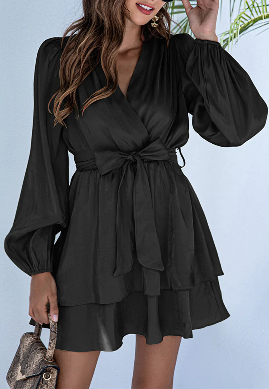 Solid Surplice Neck Tiered Dress