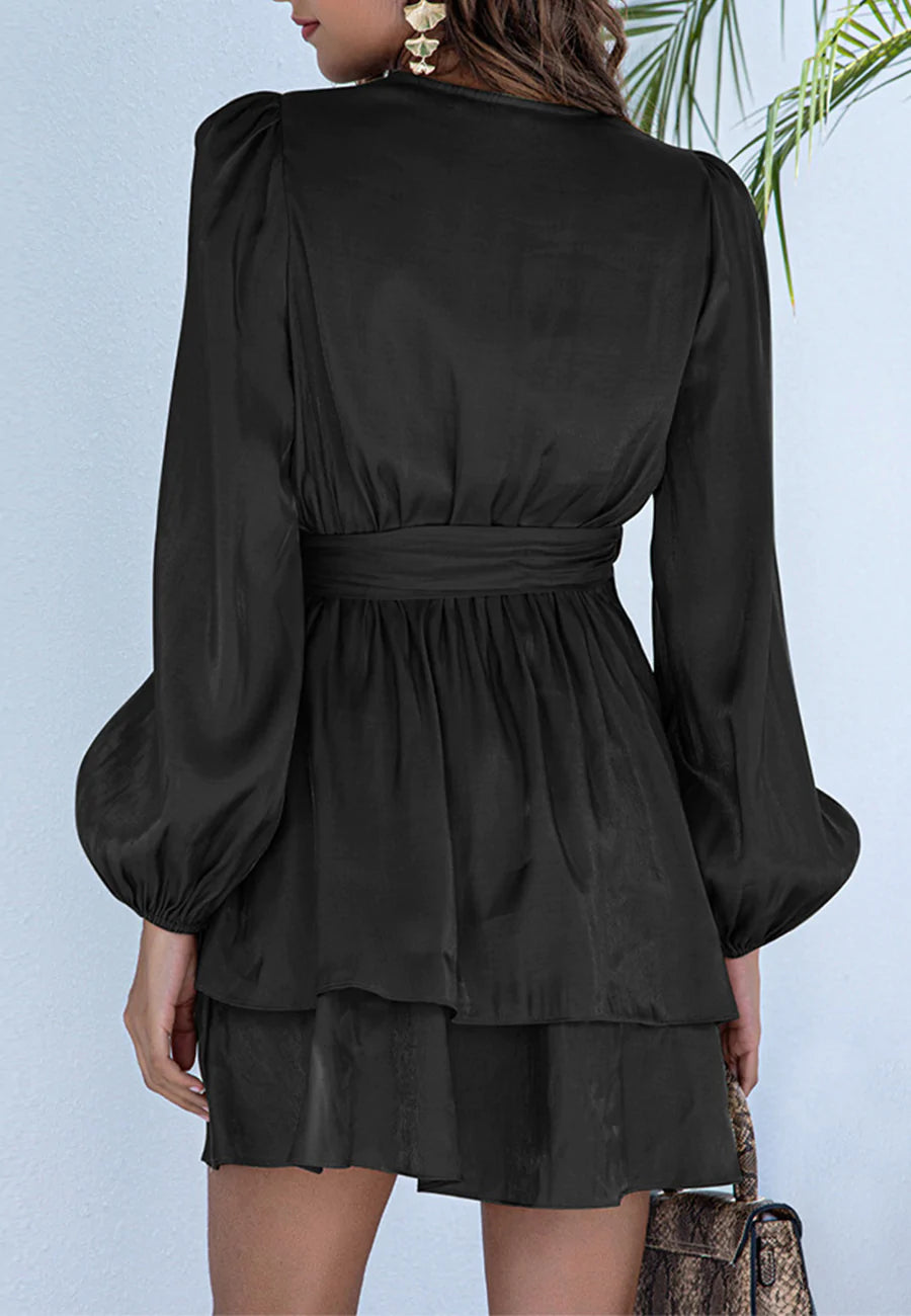 Solid Surplice Neck Tiered Dress