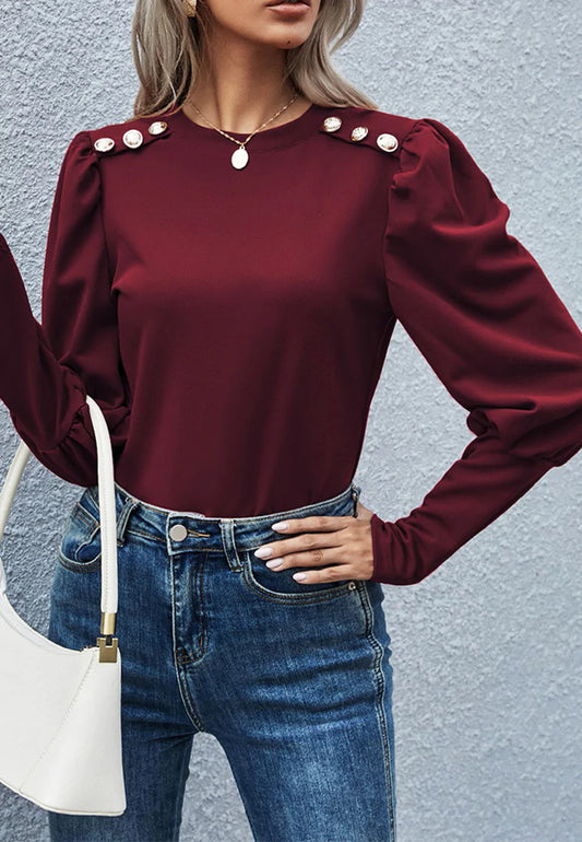 Button Shoulder Gigot Sleeve Blouse