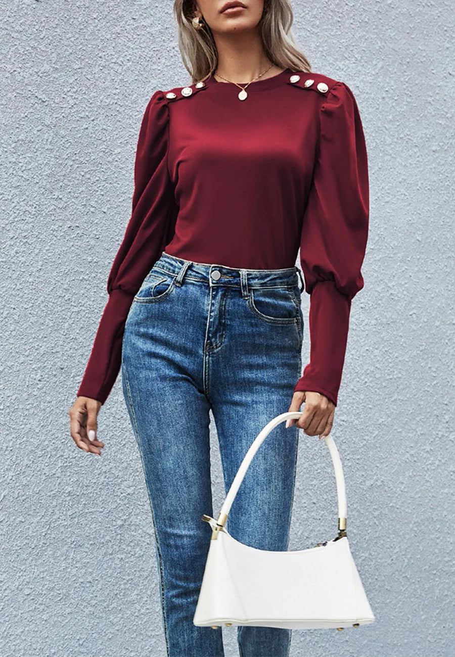 Button Shoulder Gigot Sleeve Blouse