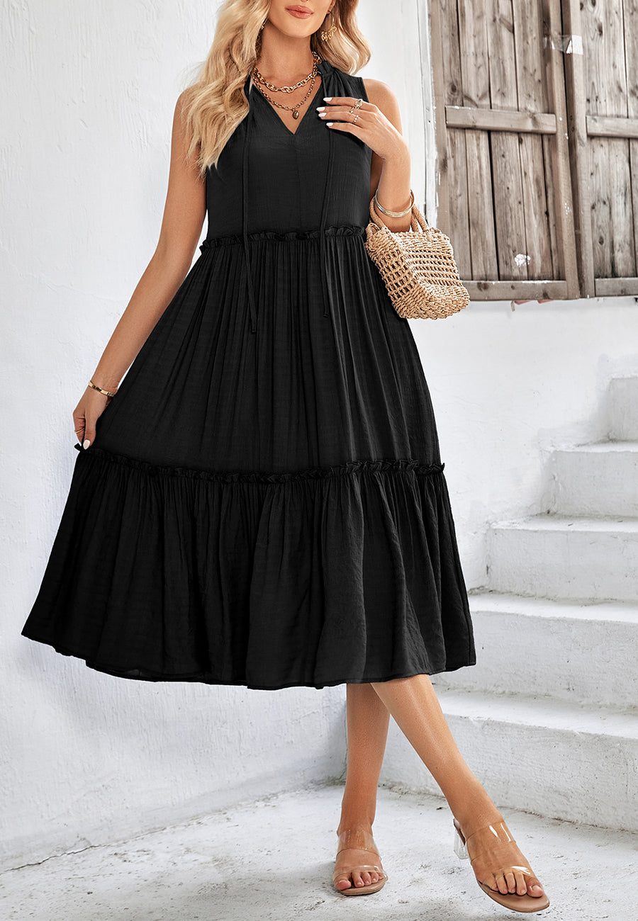 Tie V Neck Tiered Dress