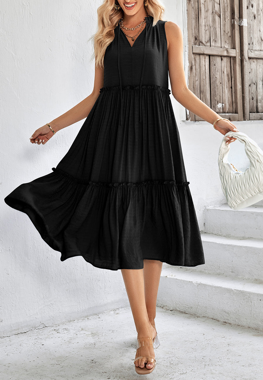 Tie V Neck Tiered Dress