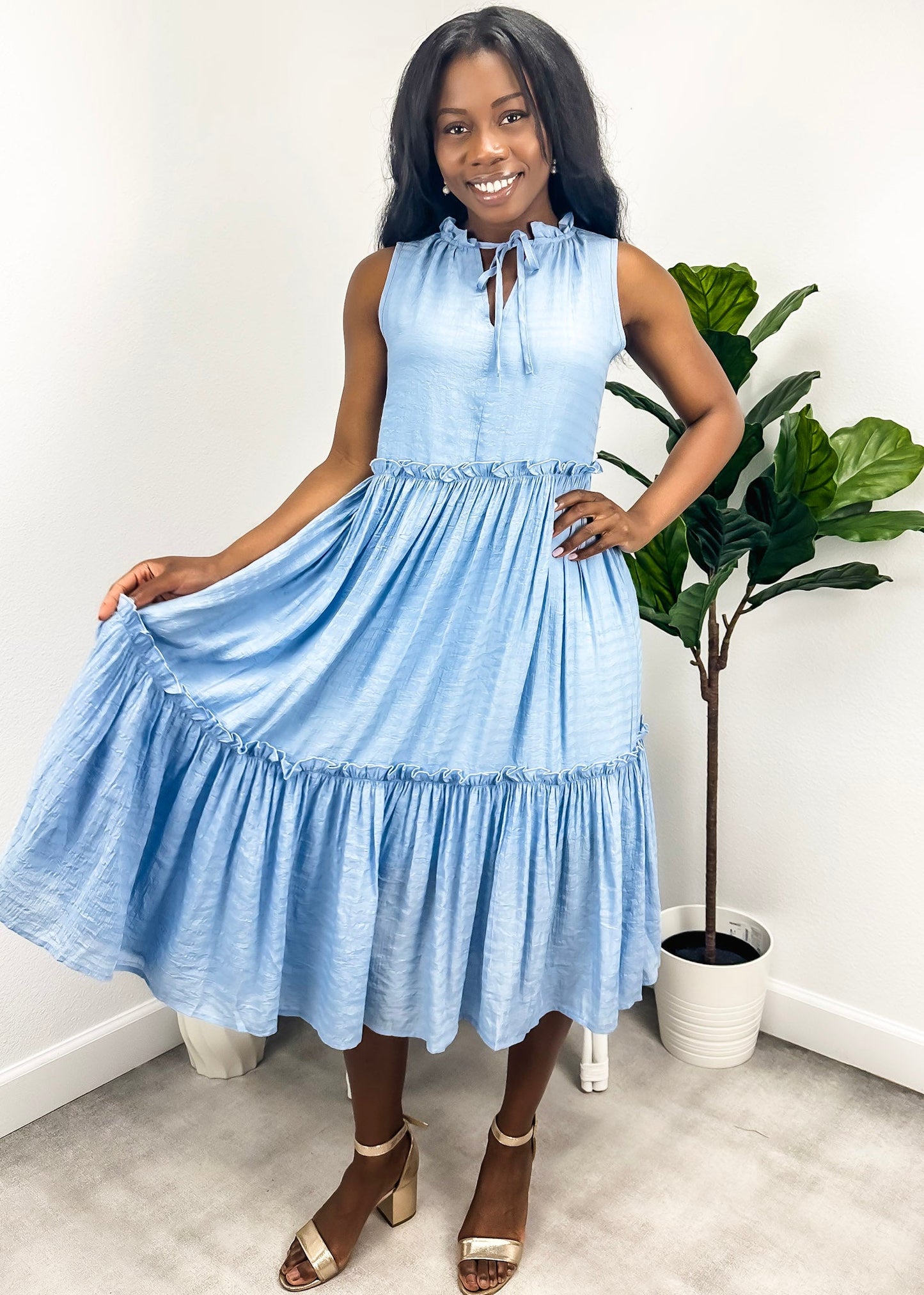 Tie V Neck Tiered Dress