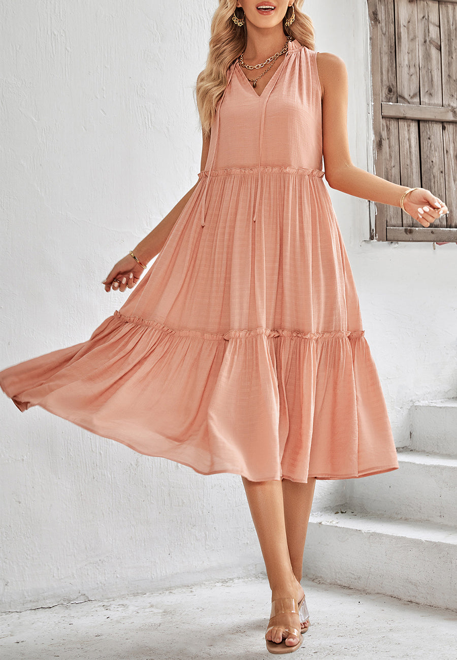 Tie V Neck Tiered Dress