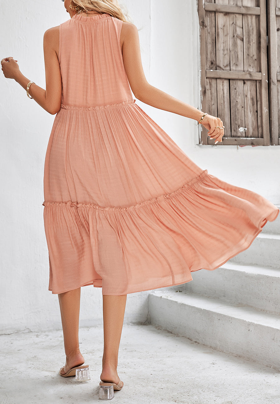 Tie V Neck Tiered Dress