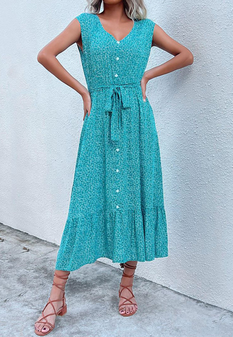 Contrast Button Tie Waist Dress