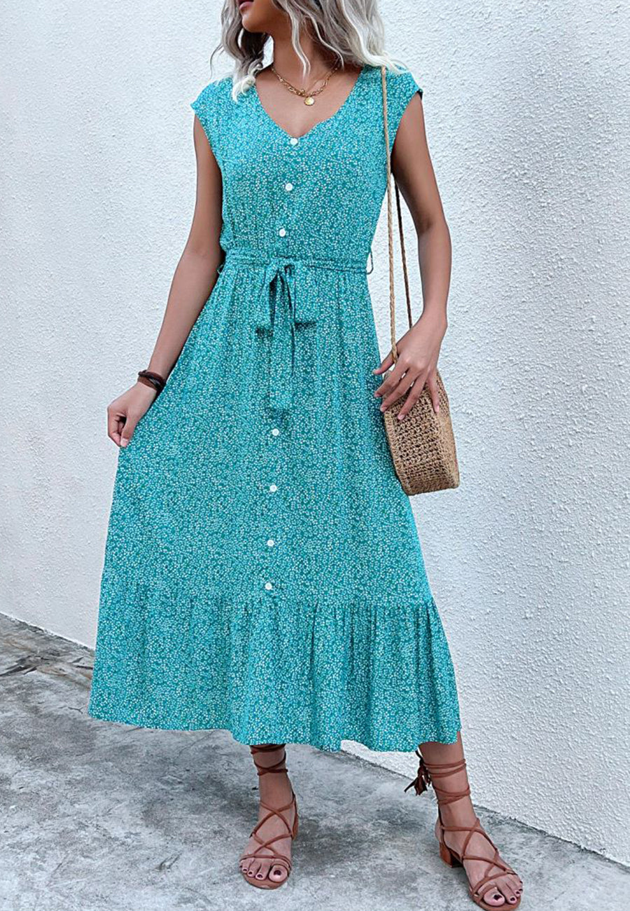 Contrast Button Tie Waist Dress