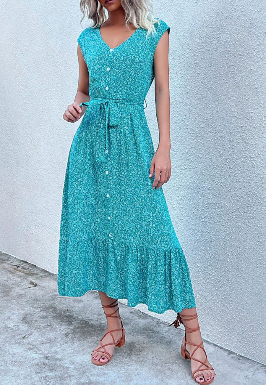 Contrast Button Tie Waist Dress