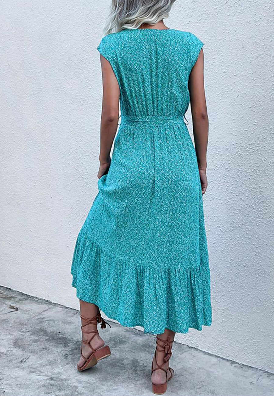 Contrast Button Tie Waist Dress