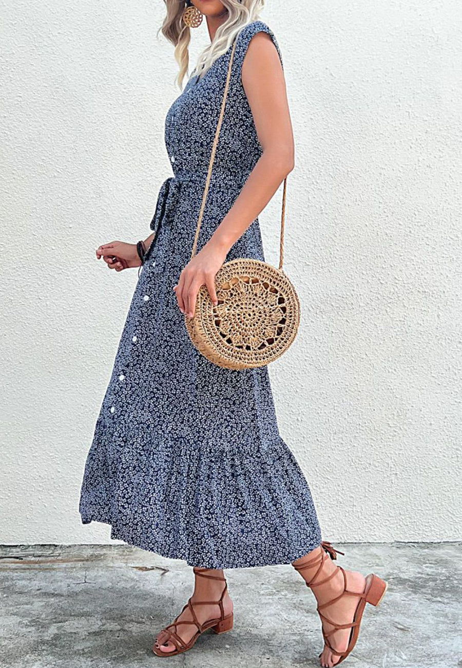 Contrast Button Tie Waist Dress