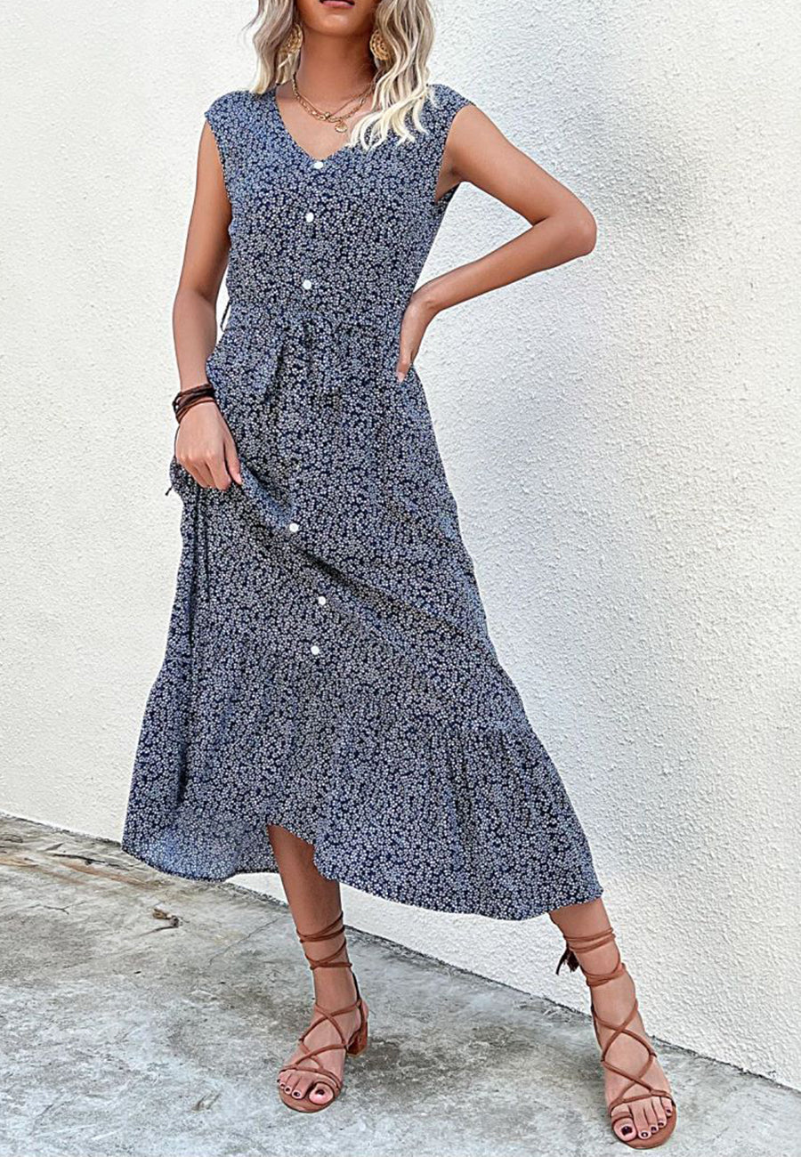 Contrast Button Tie Waist Dress