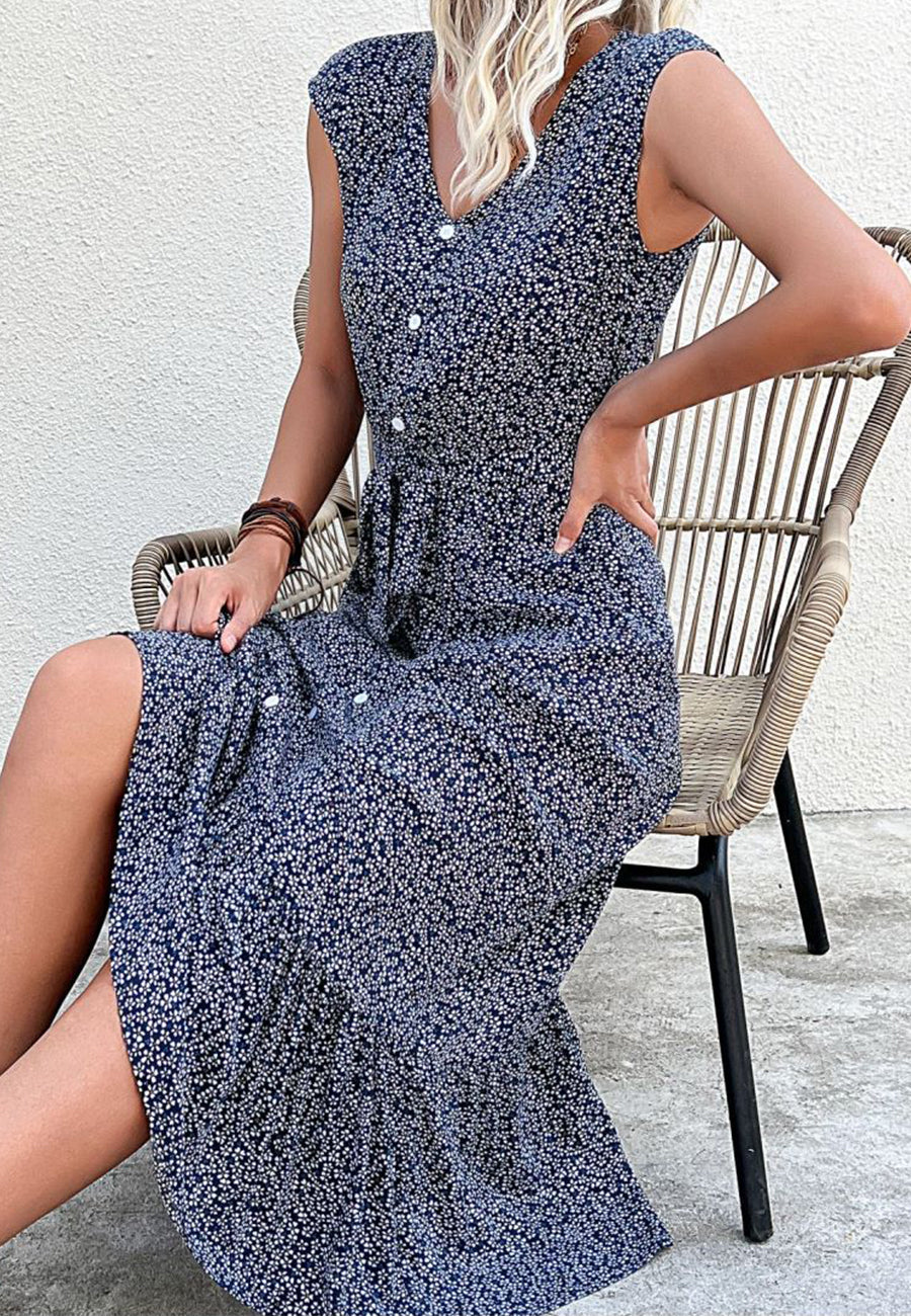 Contrast Button Tie Waist Dress