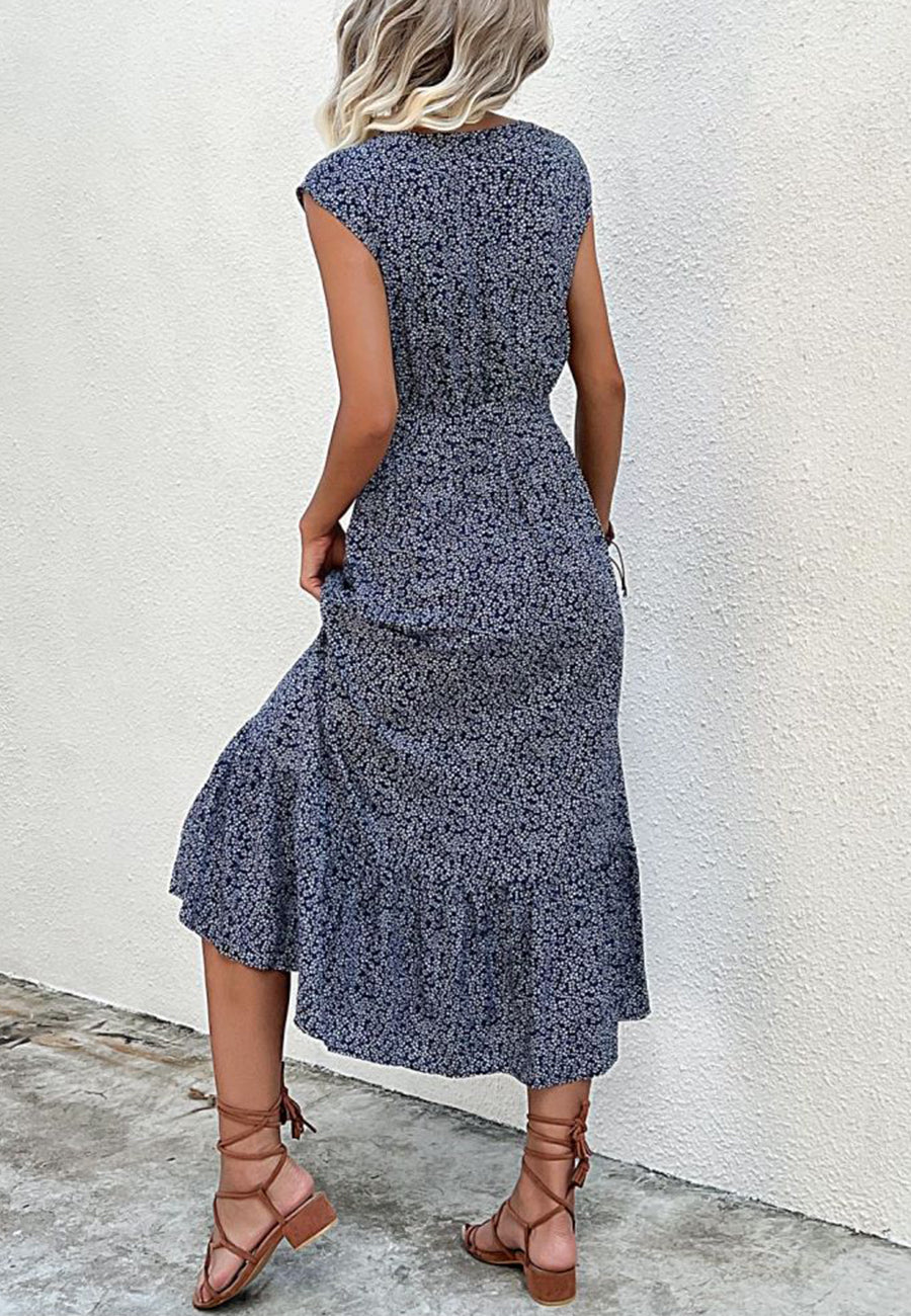 Contrast Button Tie Waist Dress