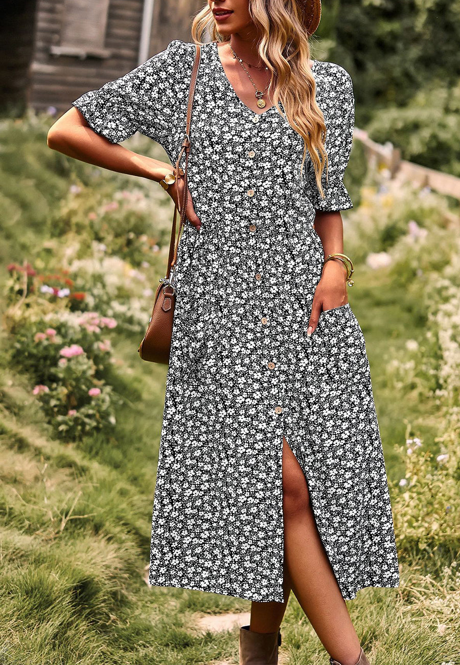 Button Down Puff Sleeve Dress