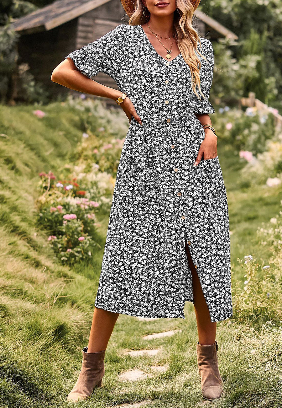 Button Down Puff Sleeve Dress