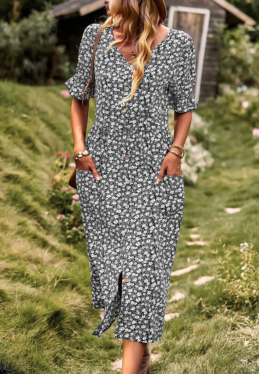 Button Down Puff Sleeve Dress