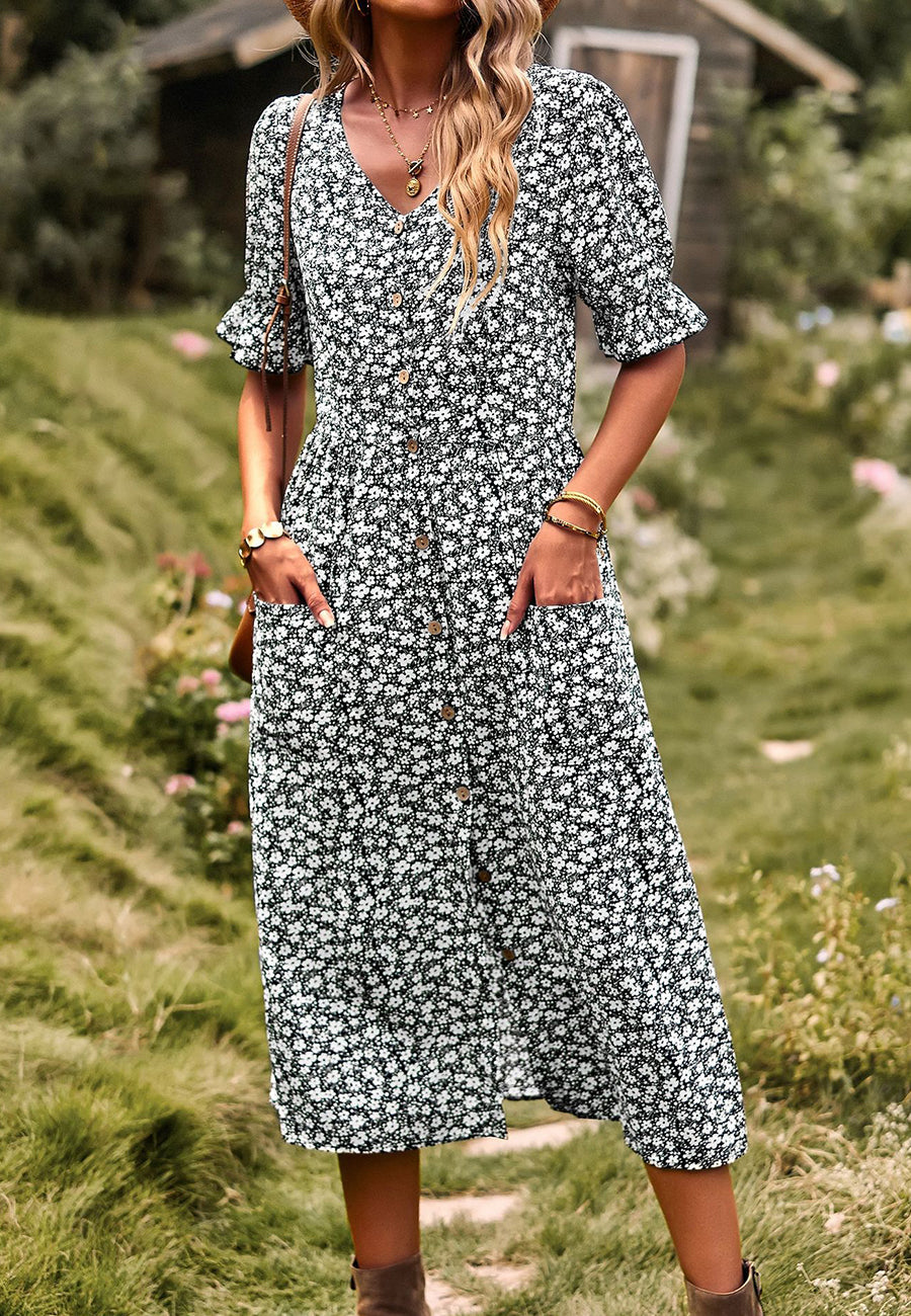 Button Down Puff Sleeve Dress