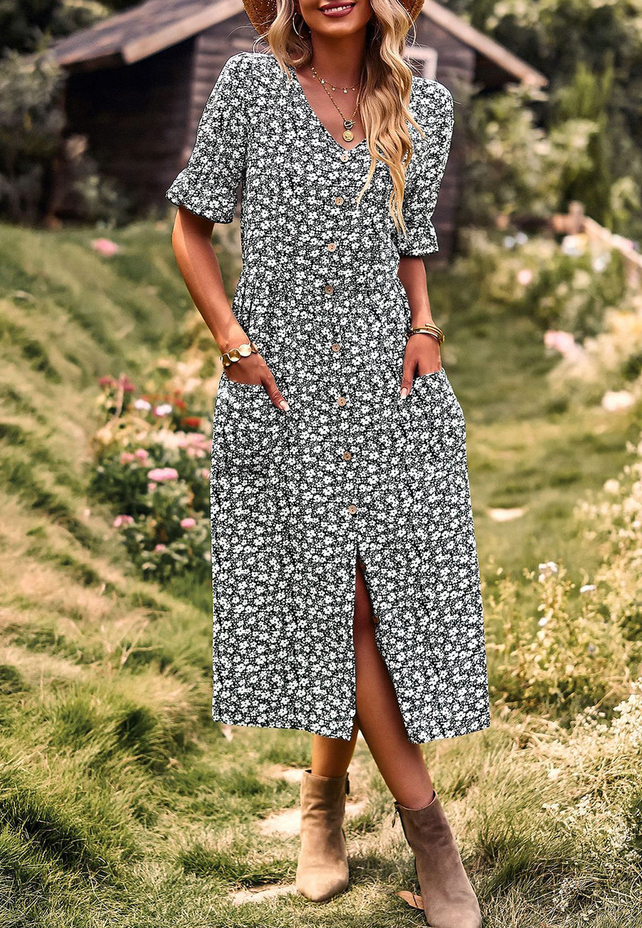 Button Down Puff Sleeve Dress