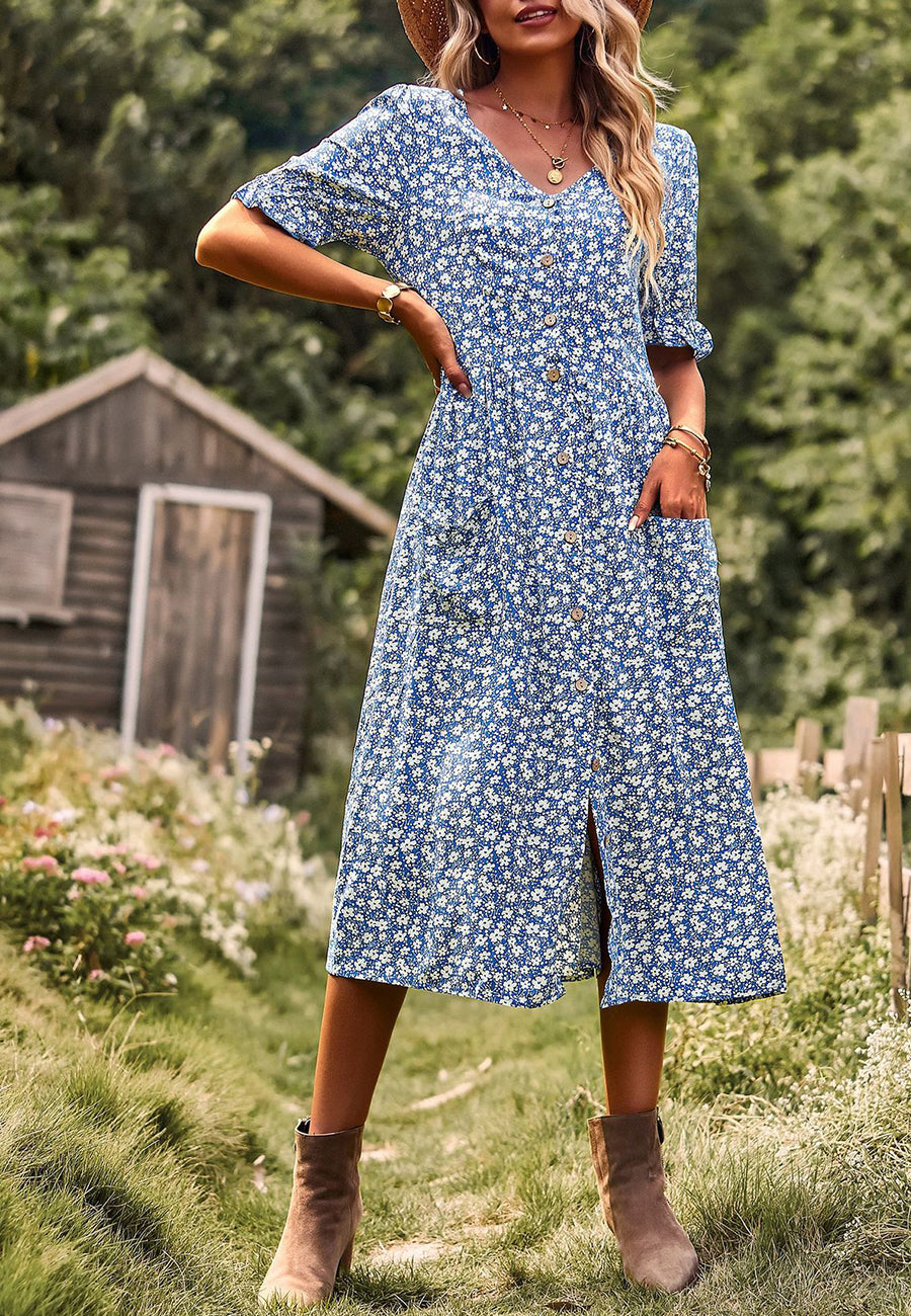 Button Down Puff Sleeve Dress