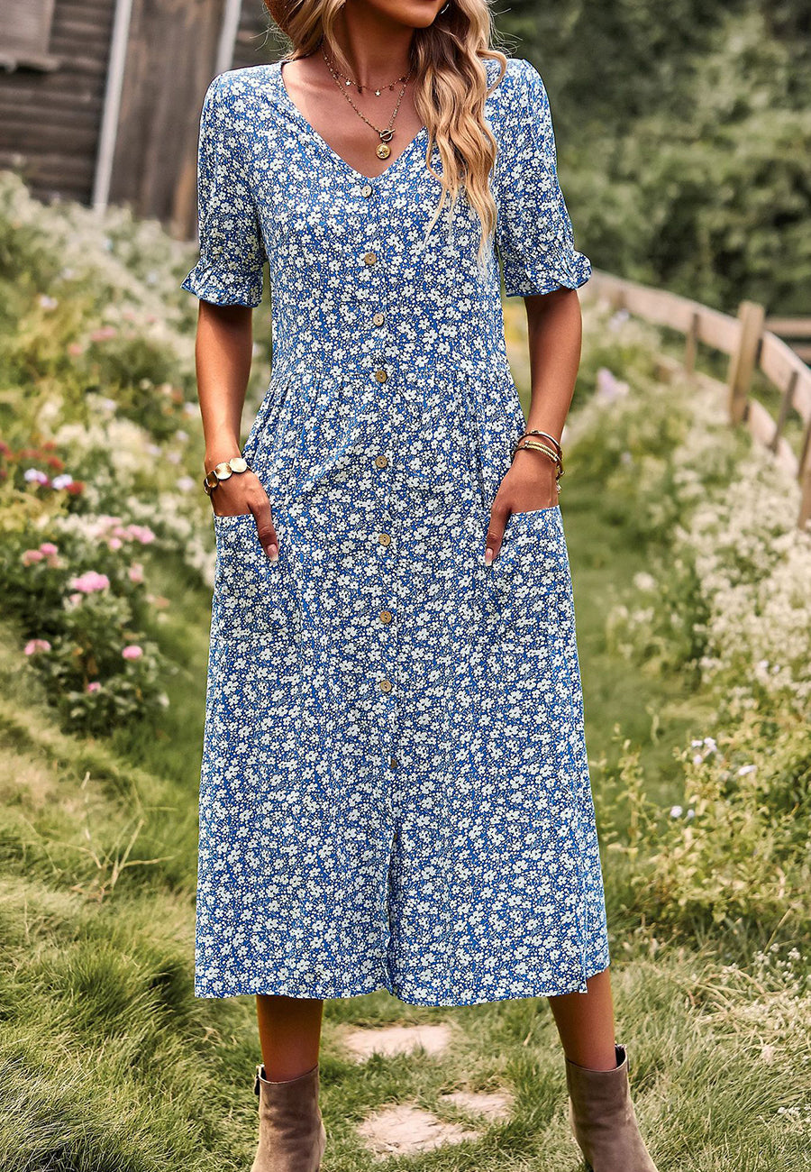 Button Down Puff Sleeve Dress