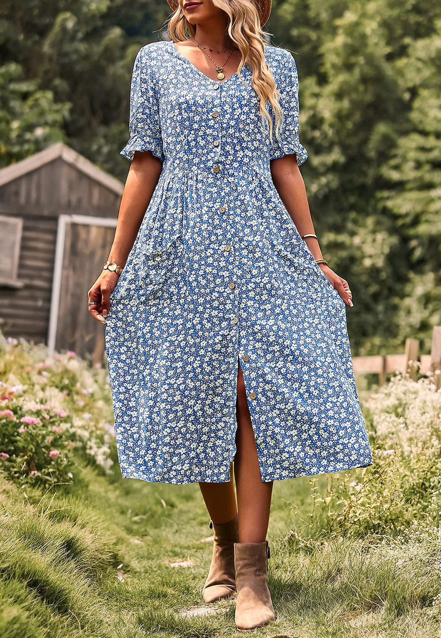 Button Down Puff Sleeve Dress