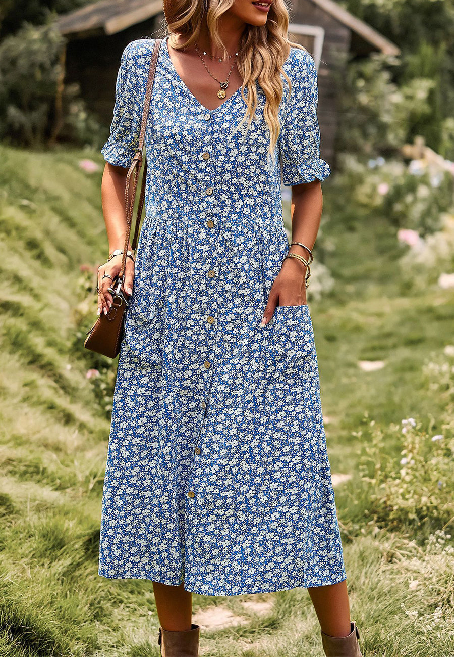 Button Down Puff Sleeve Dress