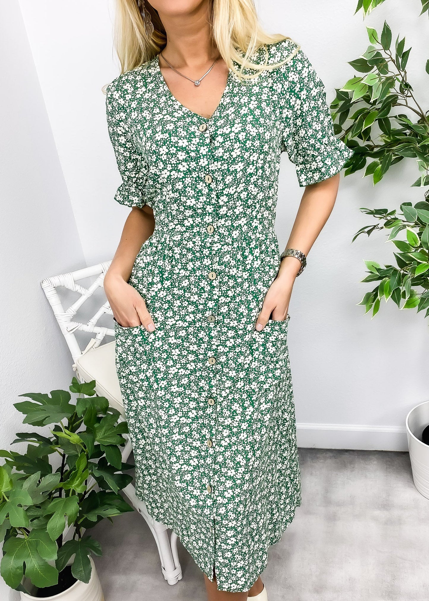 Button Down Puff Sleeve Dress