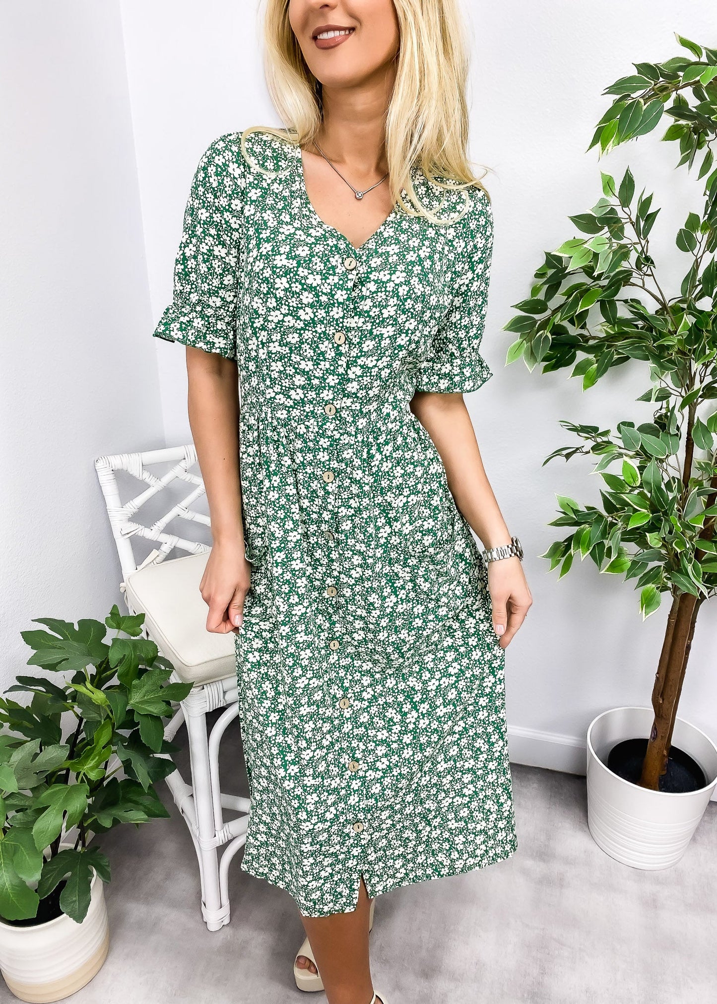 Button Down Puff Sleeve Dress