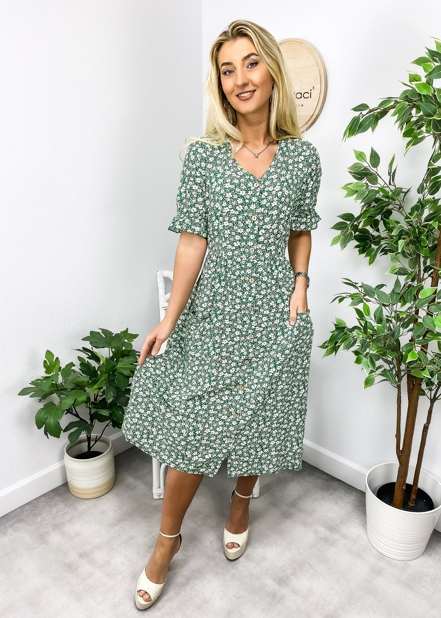 Button Down Puff Sleeve Dress
