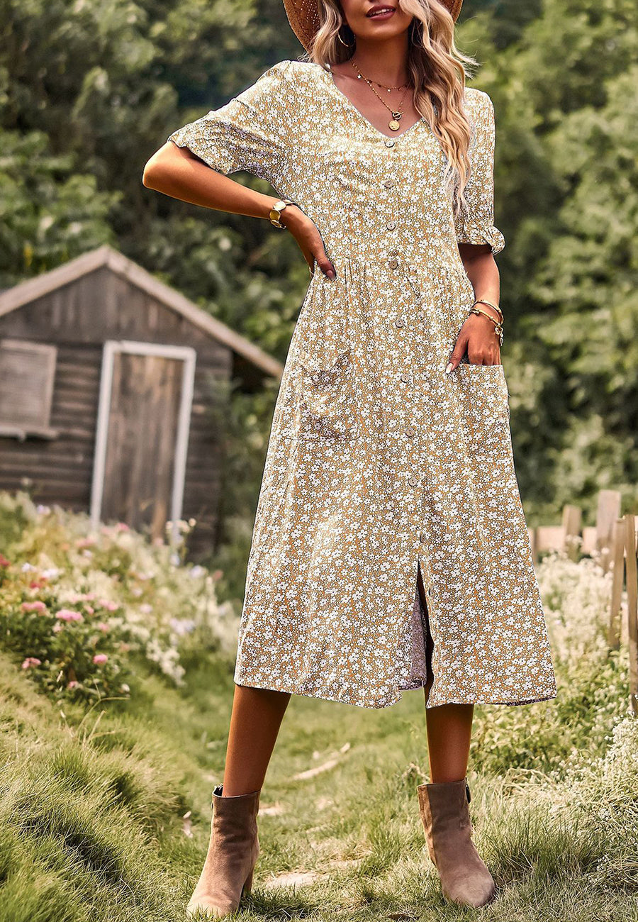 Button Down Puff Sleeve Dress