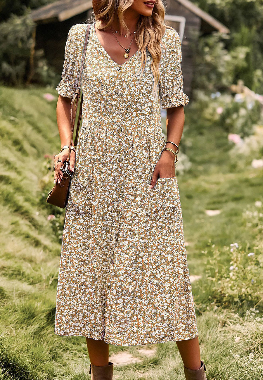 Button Down Puff Sleeve Dress