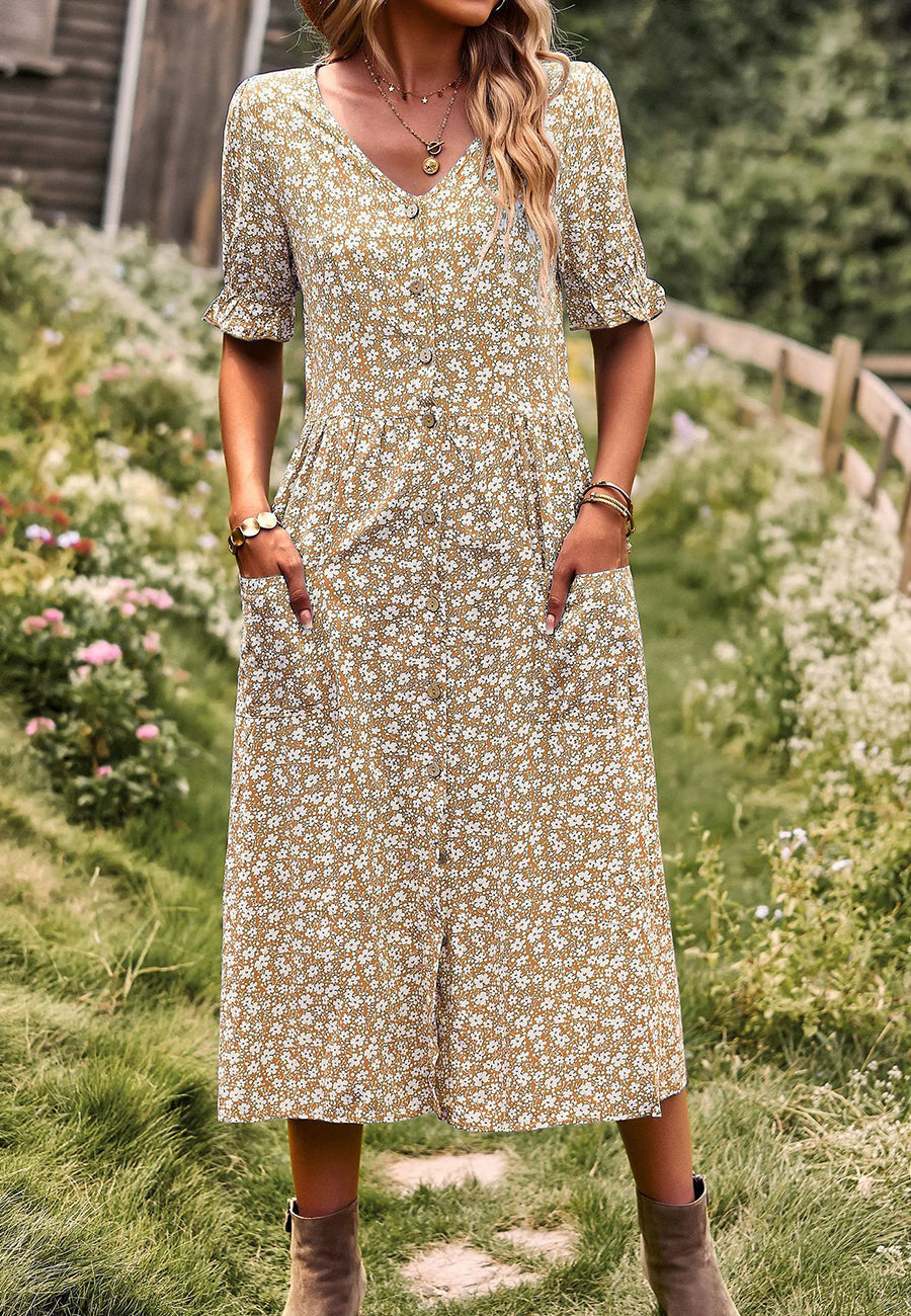 Button Down Puff Sleeve Dress